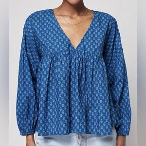 Faherty Lyla Top Indigo Gobi Floral Long Sleeve Women’s Cotton Top - Size Large